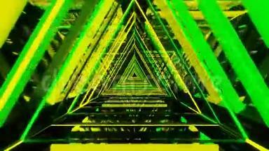 带有绿色和黄色霓虹灯三角形的抽象背景，无缝循环三维<strong>动画视频</strong>4k